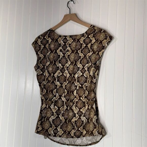 Michael Kors L Snake Print Wrap Top Brown Beige Faux Wrap Blouse Gold Zip Detail - Picture 3 of 10